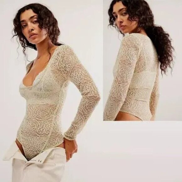 NEW FREE PEOPLE INTIMATELY IN MY HEAD LACE LIGHT GREEN BODYSUIT SZ MEDIUM - Picture 2 of 7